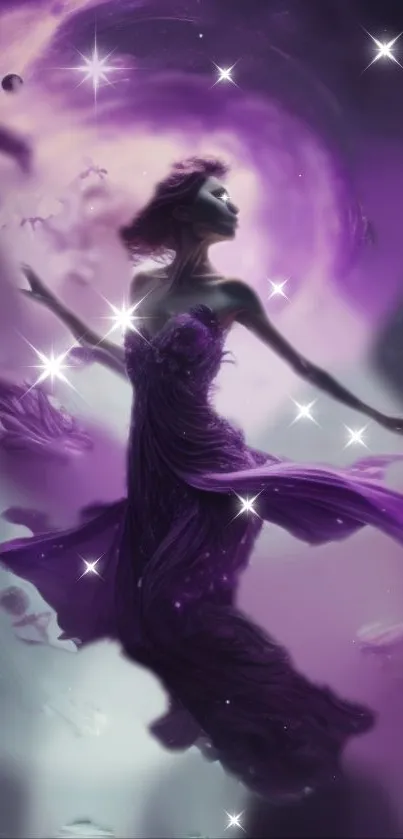 Ethereal cosmic dance with a mystical woman in a purple fantasy universe.