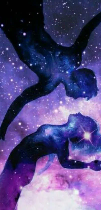 Silhouettes of dancers in a cosmic galaxy with starry purple hues.