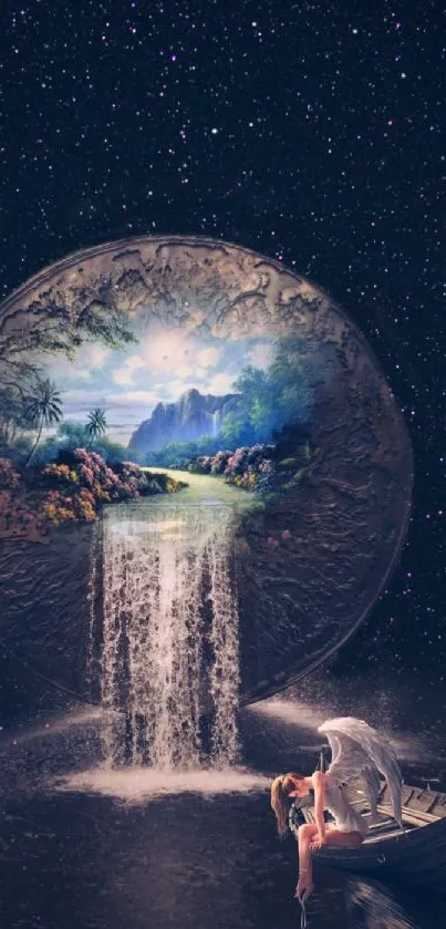 Ethereal cosmic dreamscape with waterfall and starry sky.