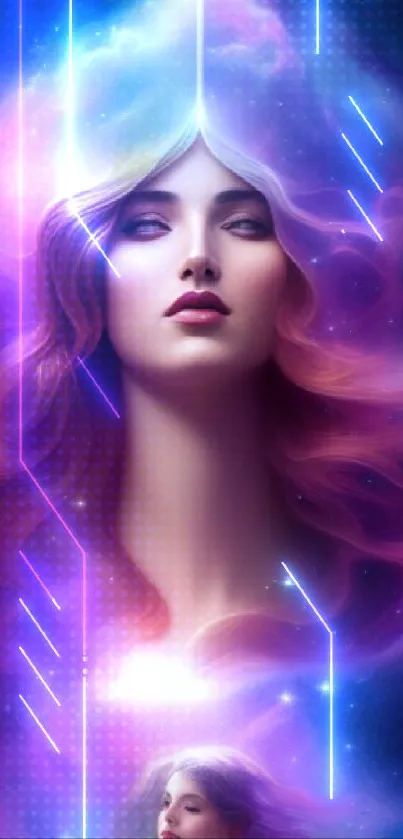 Ethereal woman with cosmic aura in purple dreamscape wallpaper.