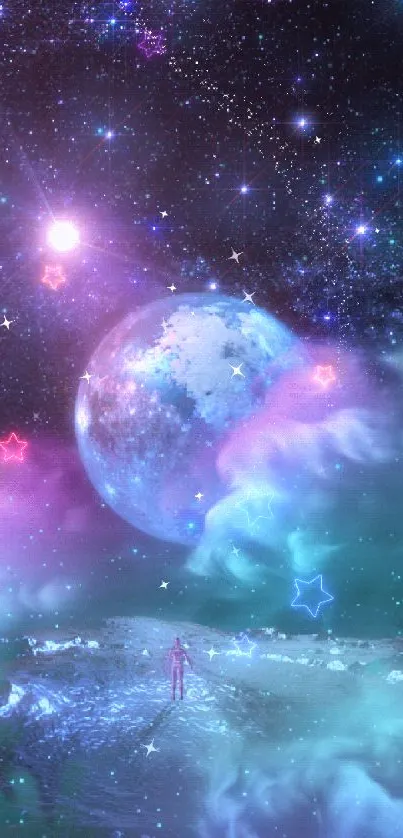 Ethereal cosmic scene with planets and colorful clouds.