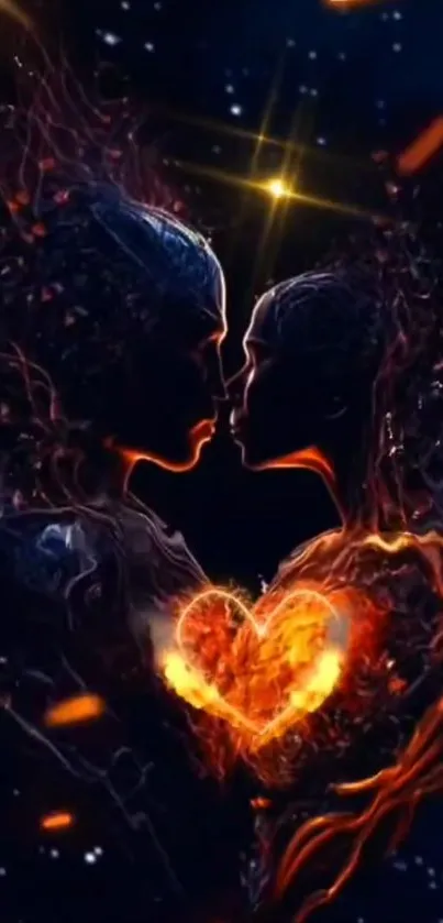 Two abstract figures in a cosmic embrace with a glowing heart.