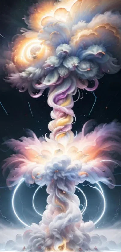 Ethereal cosmic explosion with swirling clouds and vibrant colors in a dreamlike scene.