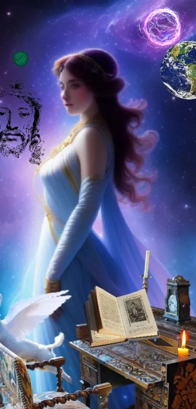 Ethereal cosmic wallpaper with a mystical woman, angelic dog, and celestial objects.