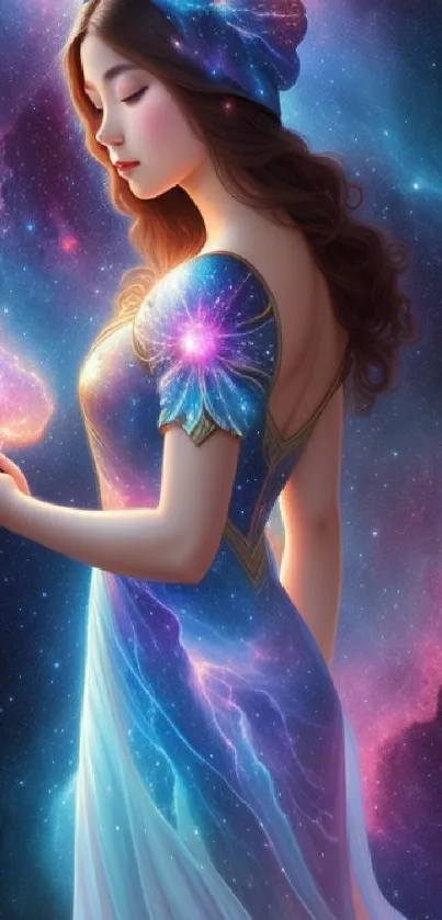 A mystical woman in a cosmic-themed dress holds a glowing object against a starry backdrop.