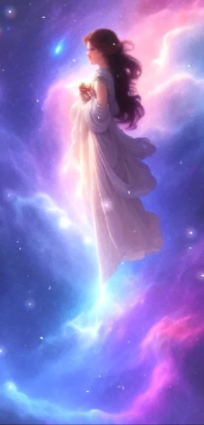 Fantasy cosmic art with floating figure in purple and blue hues.