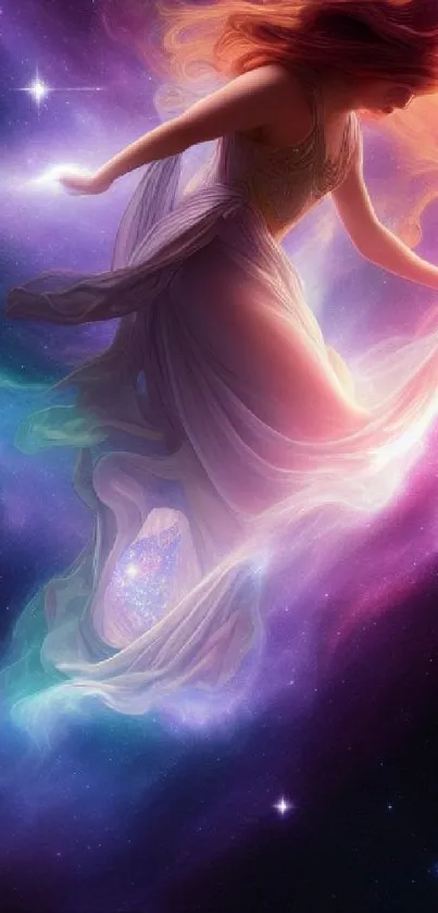 Ethereal cosmic fantasy art with a celestial figure in colorful nebulas.