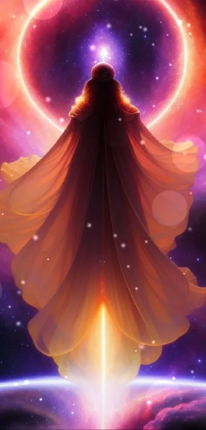 Ethereal figure surrounded by cosmic colors.