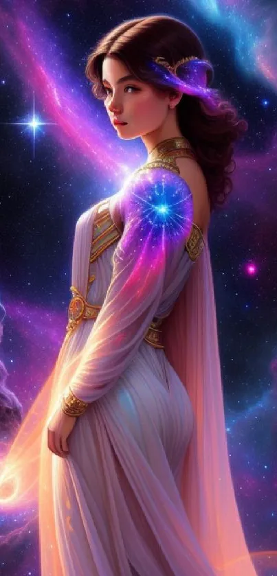 Ethereal goddess in cosmic nebula wallpaper.