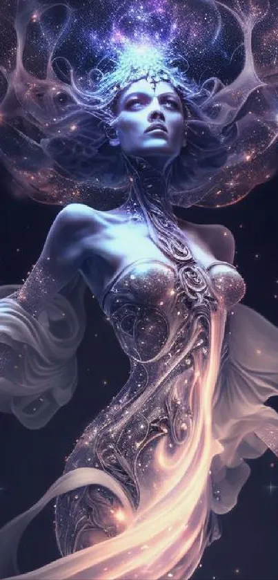 Ethereal cosmic goddess embracing the galaxy.