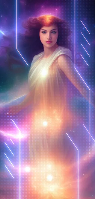 Ethereal goddess with fiery aura in galaxy wallpaper.