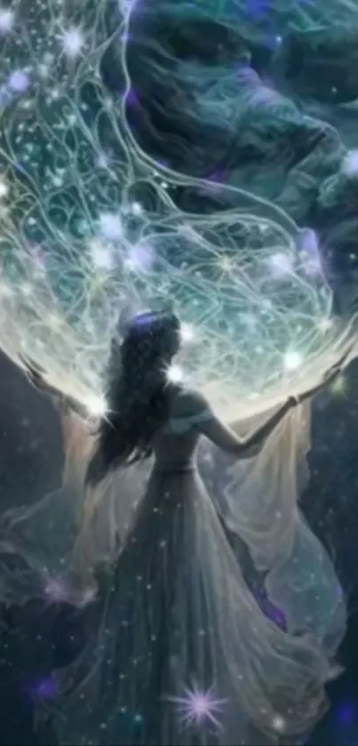 Ethereal cosmic goddess holding glowing stars in a mystical night.