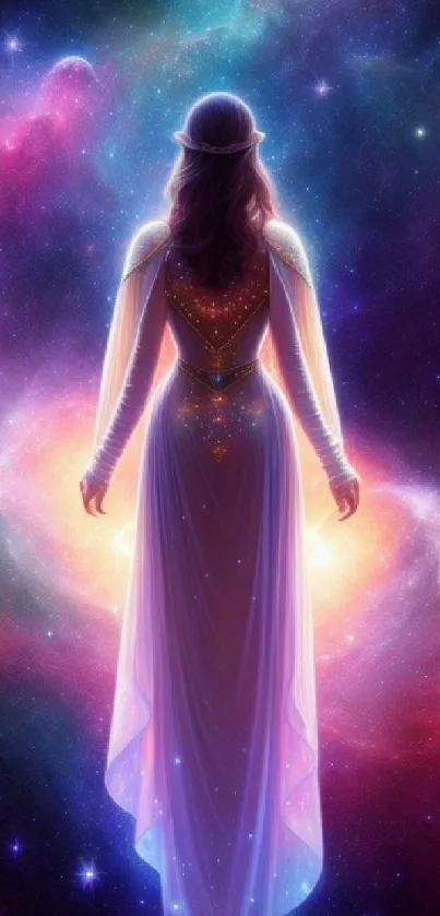 Mystical figure stands in a vibrant galaxy, creating an ethereal cosmic wallpaper scene.