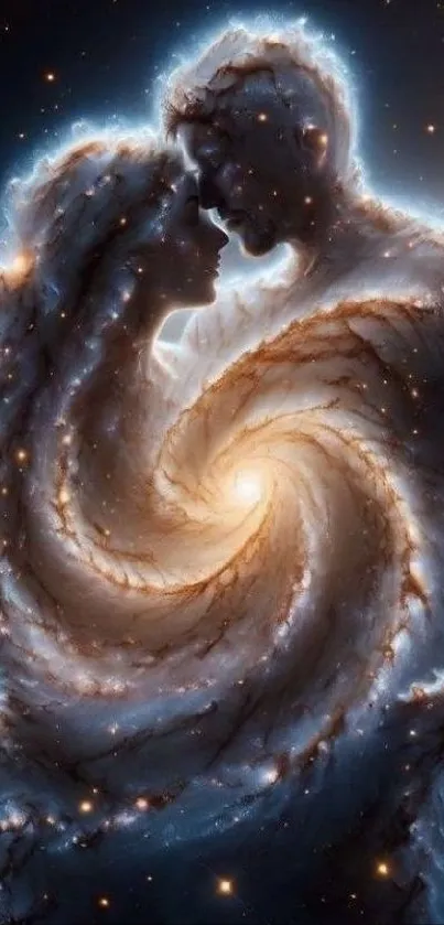 Ethereal cosmic lovers in a nebula swirl.