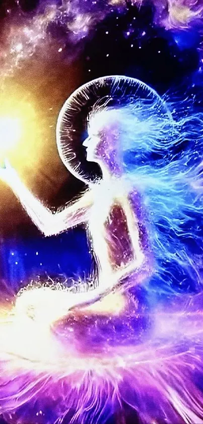 Ethereal cosmic figure in meditation with glowing orb in vibrant nebula.