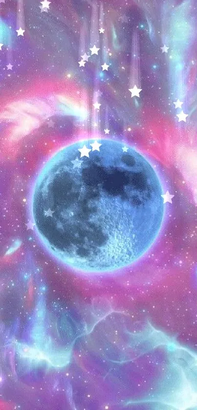 Celestial wallpaper with moon and nebula in purple hues.