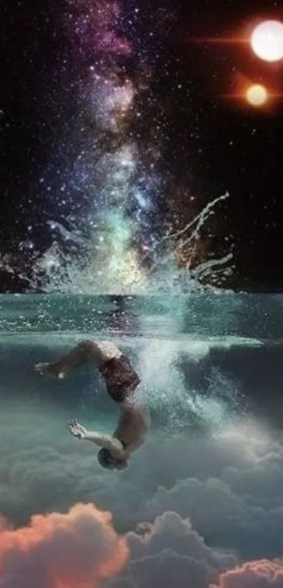 Surreal wallpaper of a diver entering a cosmic ocean beneath a starry sky.