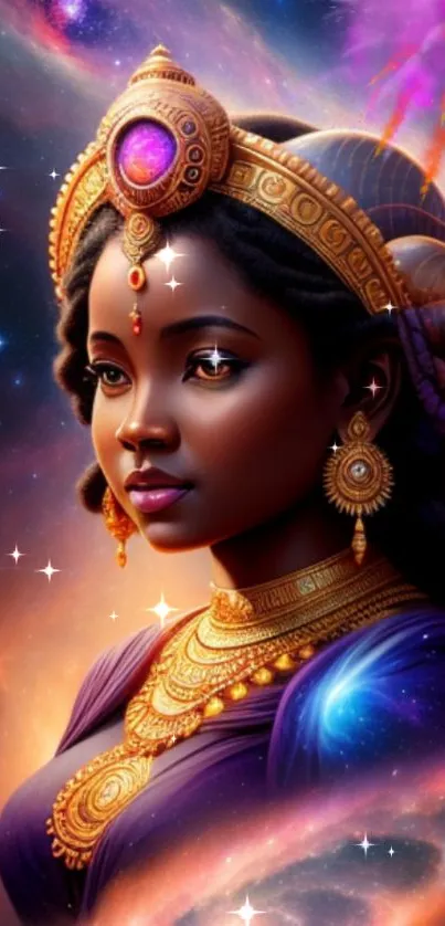 Ethereal cosmic portrait of a regal figure with a purple and gold color scheme.