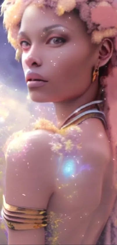 Ethereal fantasy portrait with cosmic elements, featuring soft pink and starry highlights.