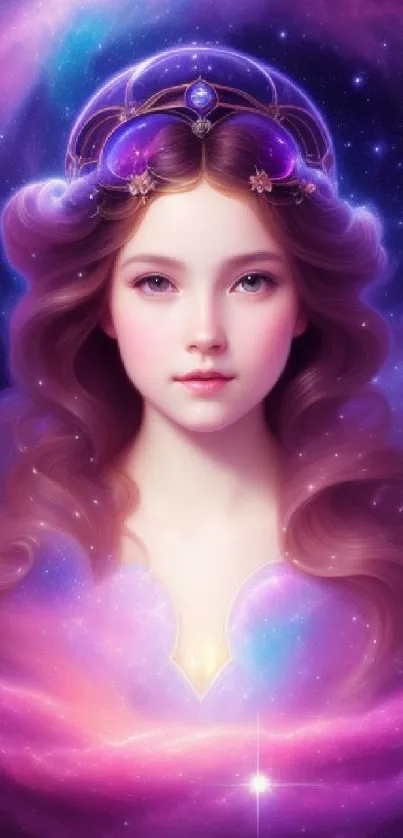 Ethereal cosmic princess with a galaxy background in purple and pink hues.