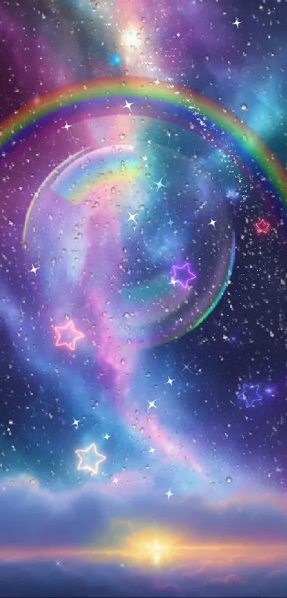 Colorful cosmic wallpaper with a rainbow arc and clouds.