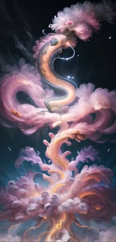 Ethereal cosmic wallpaper with serpentine and clouds.