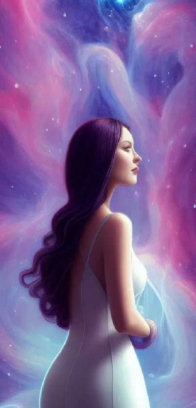 Ethereal woman in cosmic purple background.