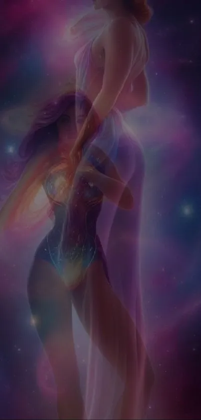 Ethereal cosmic woman in space-themed mobile wallpaper.