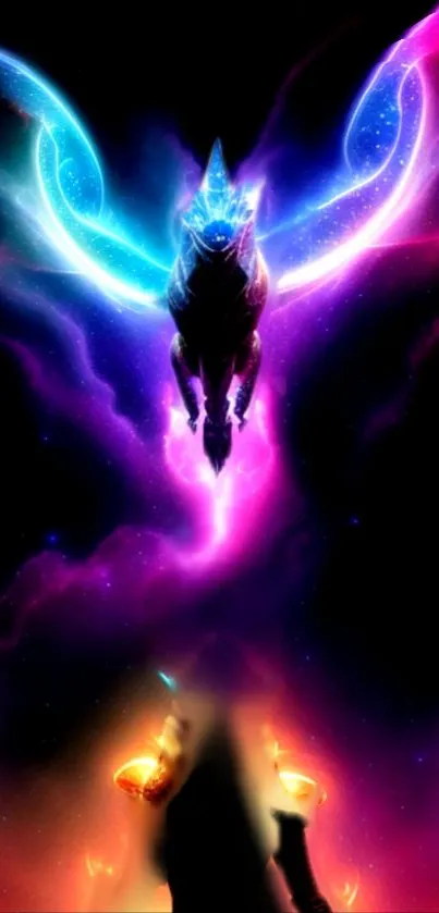 Fantasy creature with cosmic wings in vibrant colors.