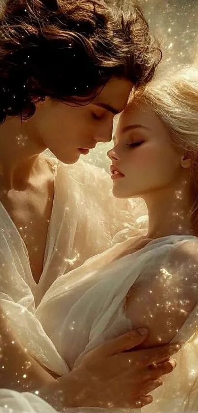 Ethereal couple embracing in a starry glow.