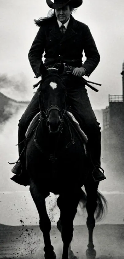 Cowboy on horseback in misty industrial setting.