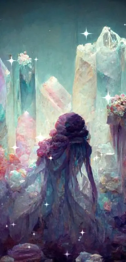 Ethereal crystal formations with a mystical fantasy vibe in this colorful mobile wallpaper.