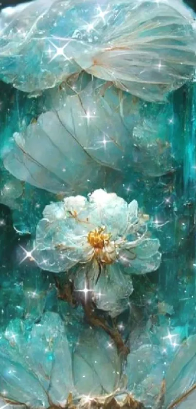Ethereal crystal flower with aqua glow wallpaper.
