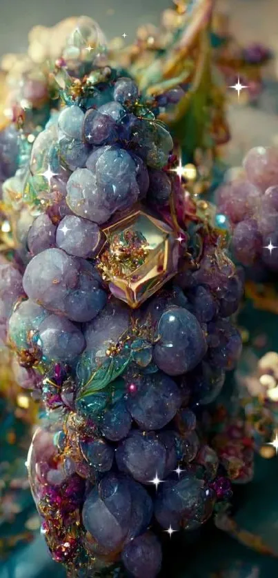 Ethereal purple crystal grapes with gold accents in artistic wallpaper.