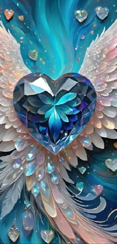 Blue crystal heart with angel wings on a mystical background wallpaper.