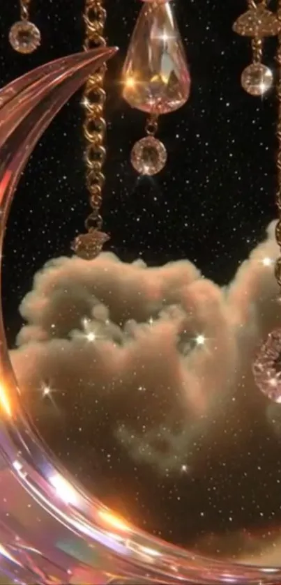 Dreamy crystal moon with hanging jewels and stars