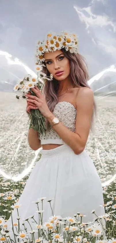 Ethereal angel in a daisy field with gentle wings.