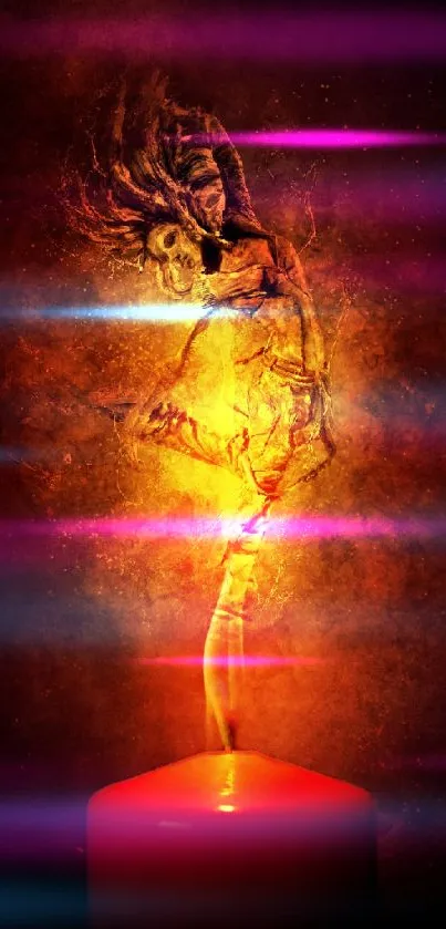 Dancing ethereal figure above candle with vibrant orange and purple hues.