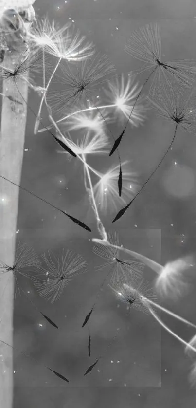 Monochrome dandelion with floating seeds abstract wallpaper.