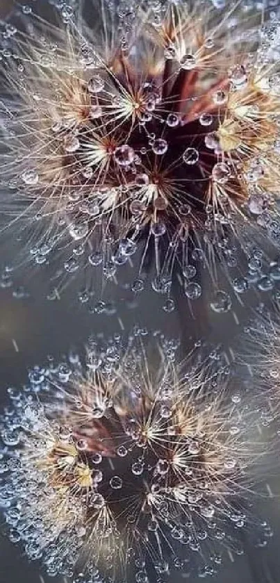 Ethereal dandelion with dew drops glowing softly.