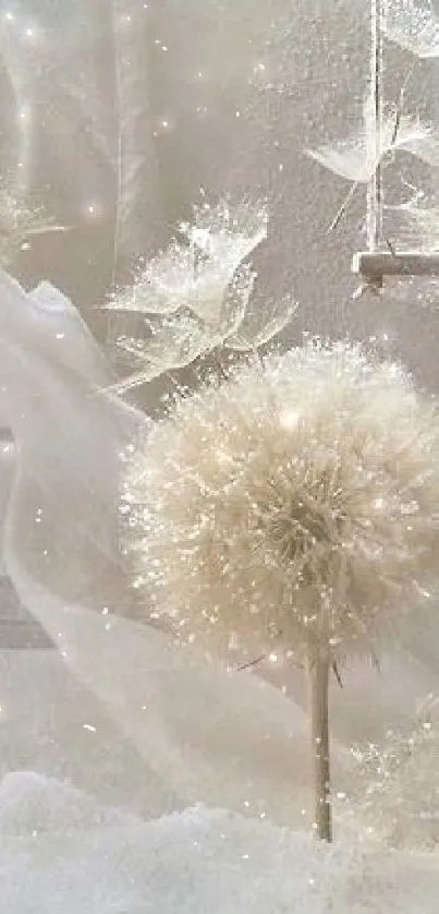 Ethereal mobile wallpaper with a dandelion and soft beige tones.