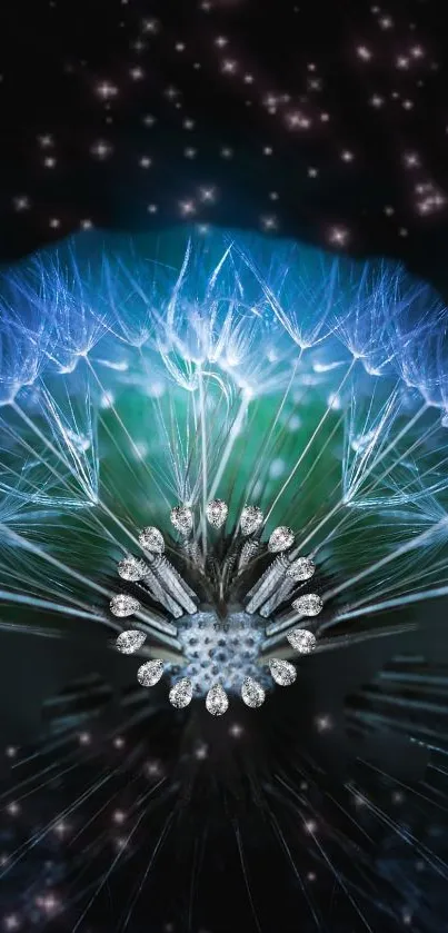 Ethereal glowing dandelion with cosmic sparkles.