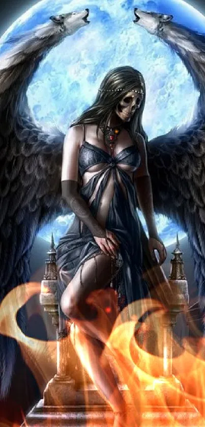 Ethereal Dark Angel with wings in front of a full moon.