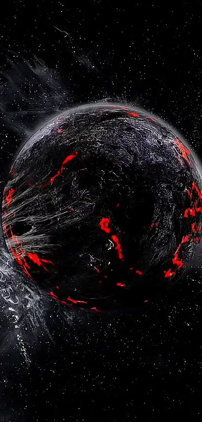 An artistic depiction of a dark planet with red accents in space.