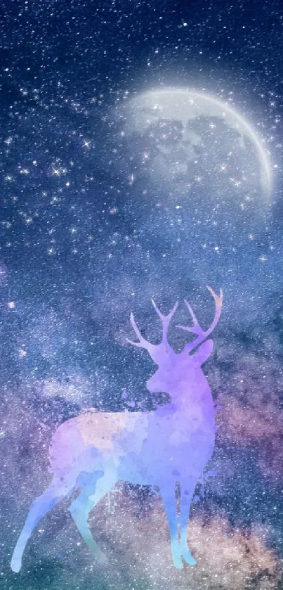 Mystical deer against a cosmic starry night backdrop in indigo hues.