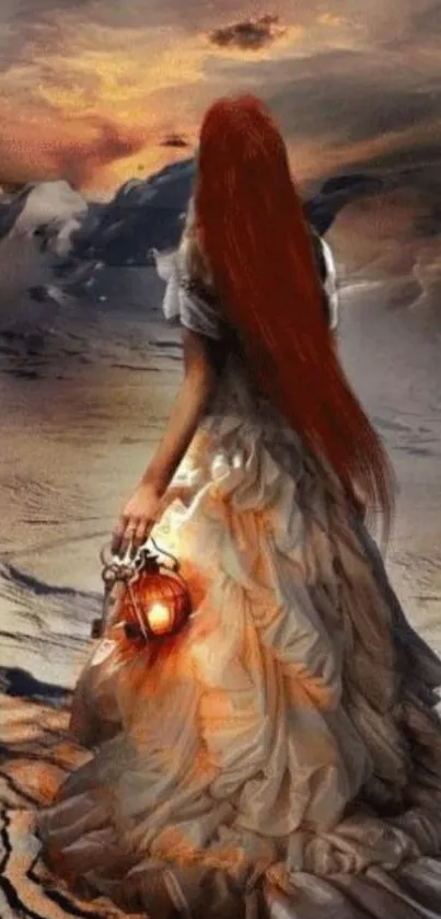 Fantasy desert scene with red-haired figure holding a glowing lantern at sunset.