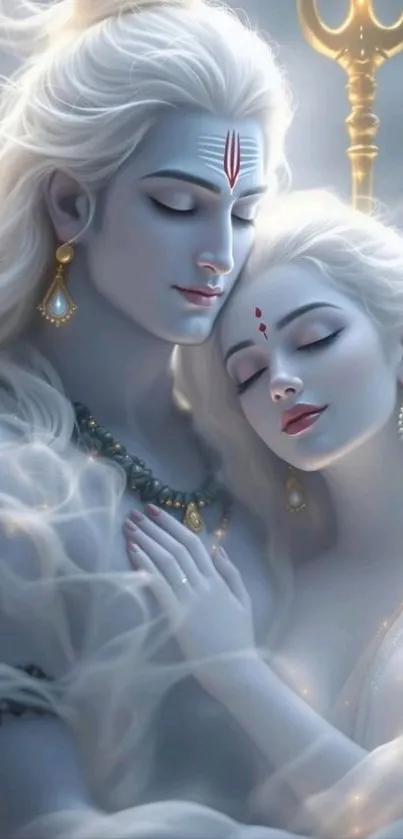 Ethereal divine couple in a dreamlike embrace.