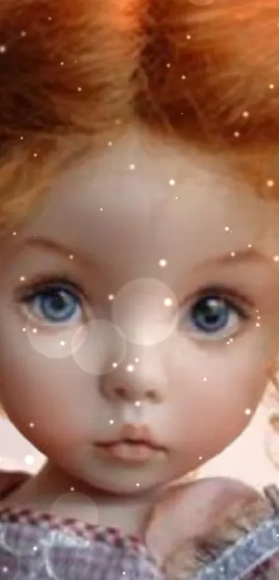 Vintage doll with blue eyes and red hair, sparkling mobile wallpaper.