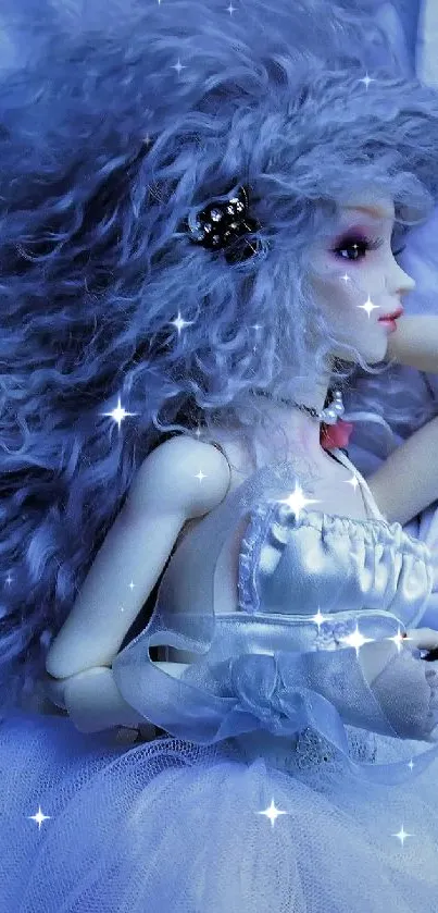 Ethereal doll lies with a violin on soft blue fabric.