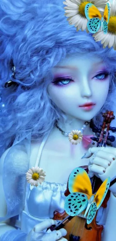 Ethereal doll with violin, butterflies, and flowers in blue tones.